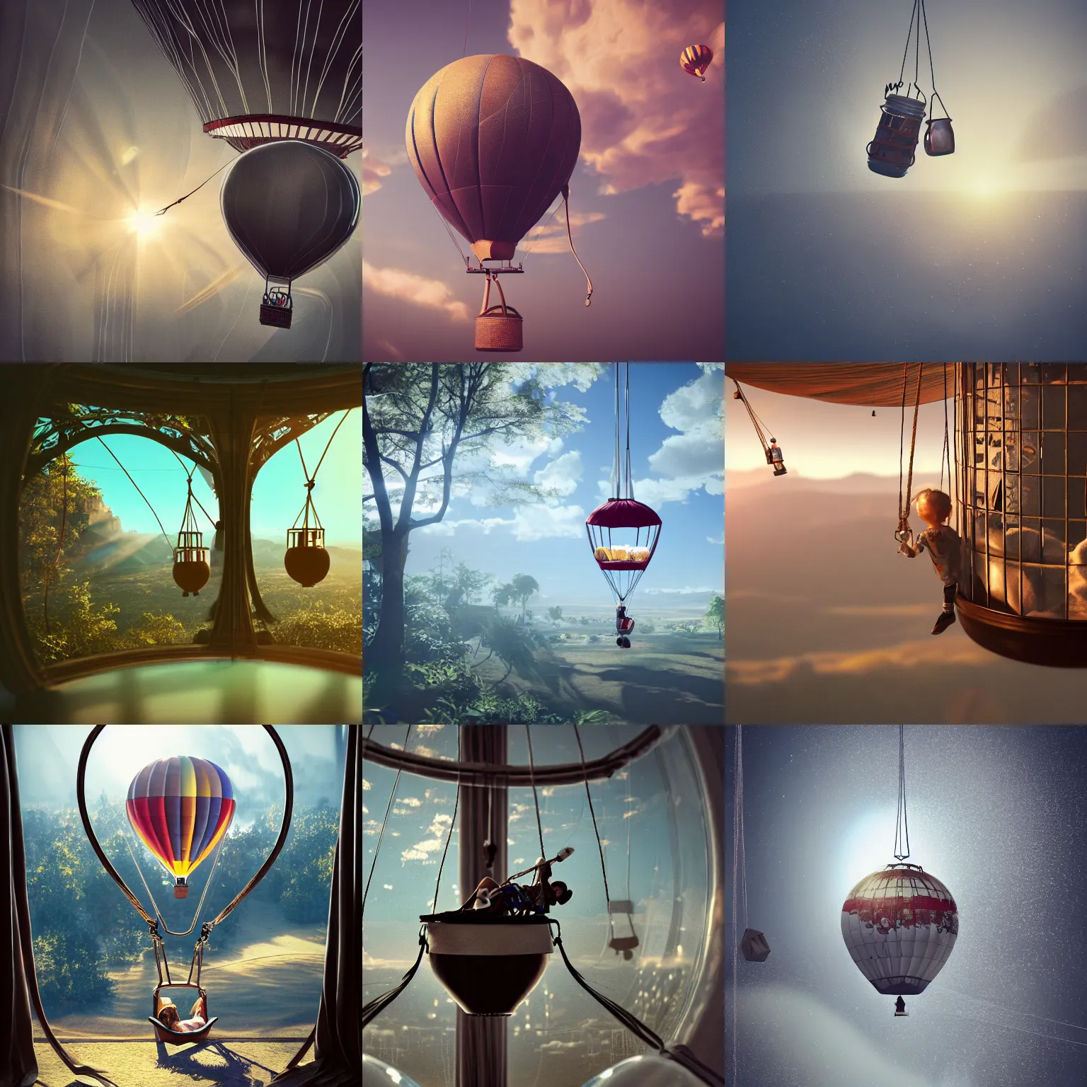 Prompt: a swing swinging from a hot air balloon inside a glass jar, intricate detail, volumetric lighting, epic composition, hyper detailed, ultra realistic, sharp focus, octane render, ray tracing, sense of awe