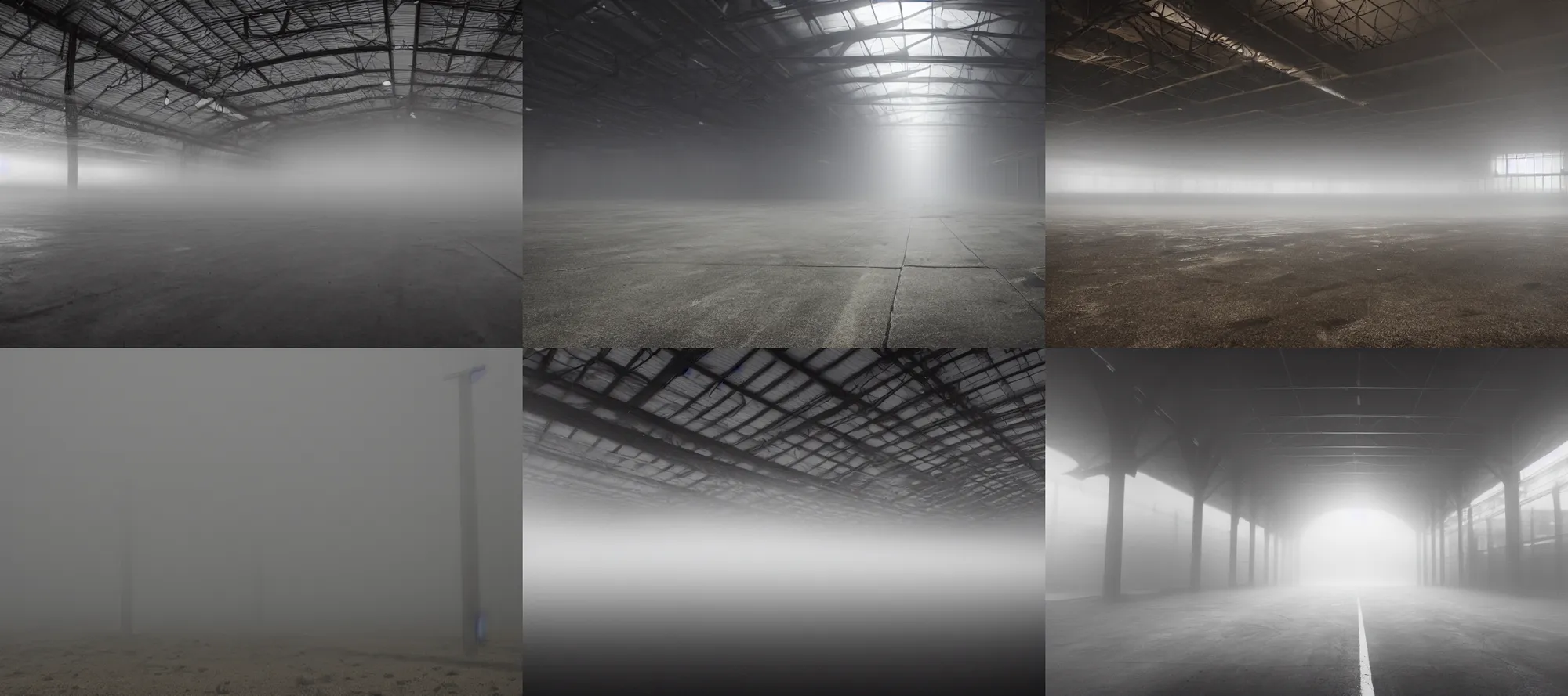 Prompt: A dark and foggy empty warehouse that extends on forever with unidentifiable beings far off in the distance 4k