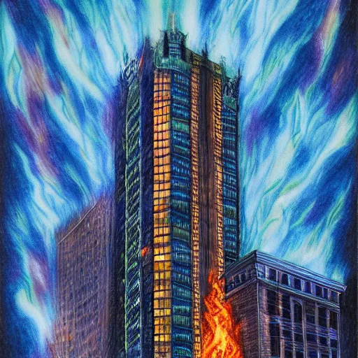 Image similar to tall building on fire with blue flames, extreme detail, abstract realism, highly ornate intricate details, 1 9 2 0's colored pencil, 4 k, cinematic lighting,