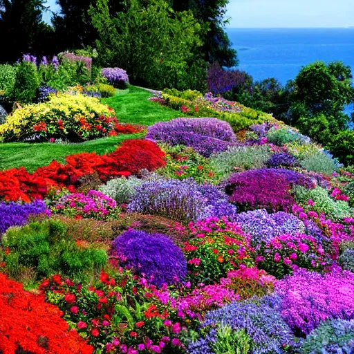 Image similar to a gorgeous garden on the edge of a cliff filled with beautiful flowers of all colors and from all around the world