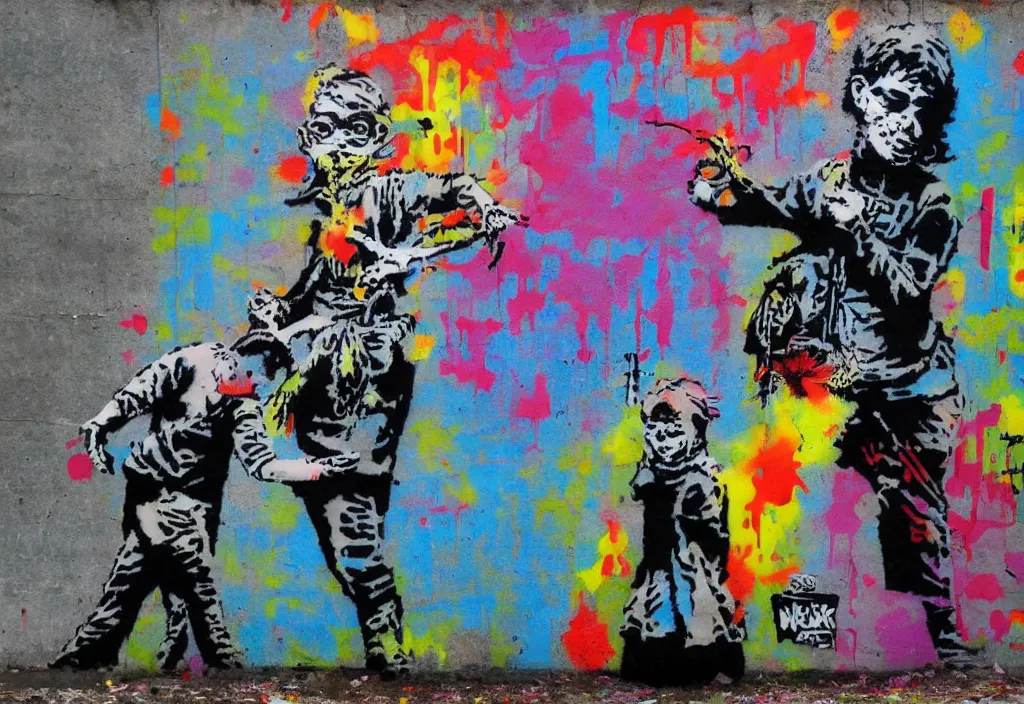 Image similar to full color banksy graffiti anti art, rage against the status quo, detailed, realistic, glitch art effect