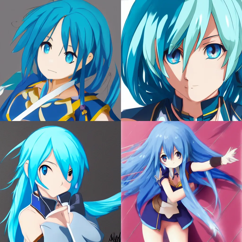 Prompt: art of Aqua from Konosuba, blue hair, blue eyes, trending on pixiv