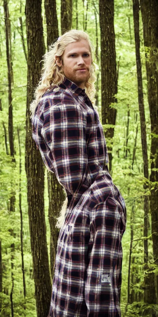 Prompt: tall!!! (((blond))) man wearing a flannel shirt in a forest, long wavy hair, long blond hair, blond, forest, trees, flannel shirt, lumbarjack, photo, low angle photo,