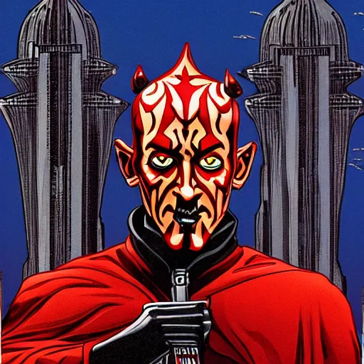 Image similar to Darth Maul overlooking coruscant, artwork by tim burton