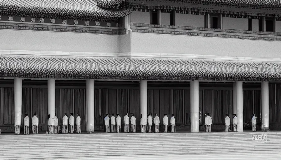 Image similar to 2010s movie still of empty north-korean royal restaurant palace, Leica SL2 50mm, heavy grain, high quality, higly detailed