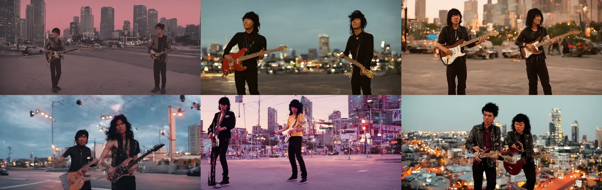 Prompt: The charismatic disco punk rock young Asian man with messy very long curly dark brown hair playing on jazz guitar, the very strong fresnel top light, twilight city on the background, by Lubezki, anamorphic 80mm lens, city twilight landscape, cinematic, cinematic composition, rock movie, Kodachrome film, 4k