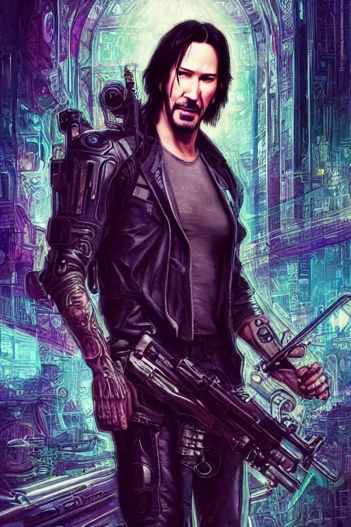 Image similar to Keanu Reeves in Cyberpunk setting, cute, fantasy, intricate, elegant, highly detailed, digital painting, 4k, HDR, concept art, smooth, sharp focus, illustration, art by artgerm and H R Giger and alphonse mucha