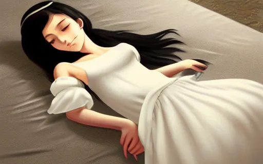 Image similar to little girl with an long black hair dressed in a simple white dress laying down on an bed, anime art style, digital art by ilya kuvshinov, inspired by balthus, hd, 4 k, hyper detailed, top view