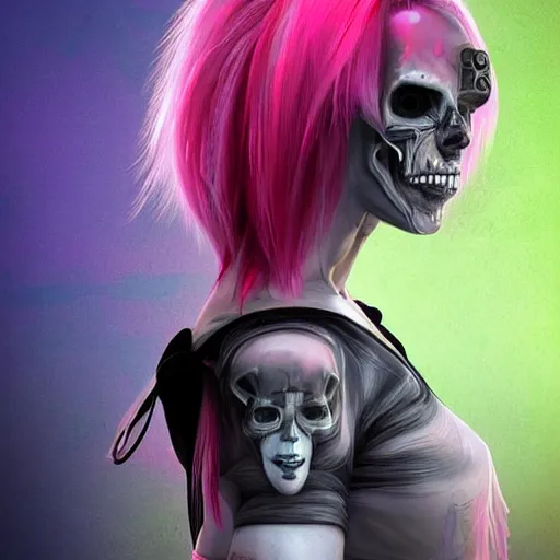 Prompt: a digital painting of a woman with pink hair with a skull on her face, cyberpunk art by android jones, zbrush central contest winner, gothic art, apocalypse art, darksynth, zbrush