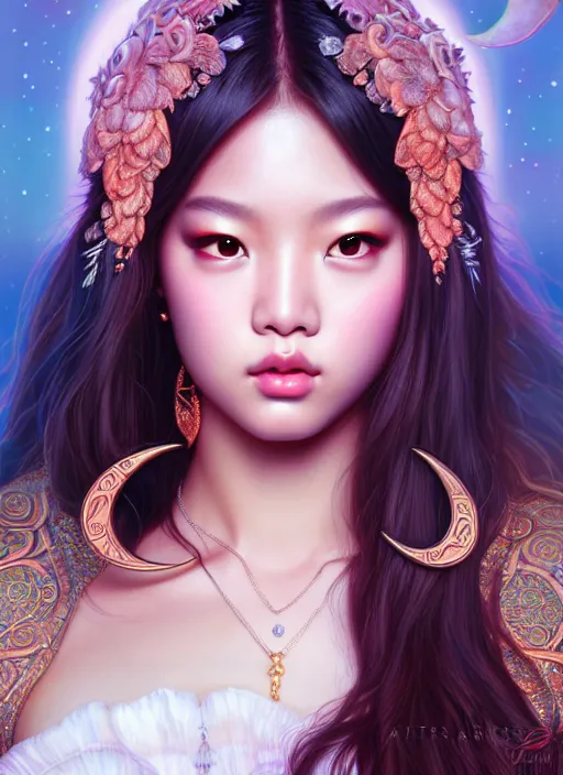 Image similar to jennie of blackpink, goddess of the moon, highly detailed, digital painting, smooth, sharp focus, illustration, ultra realistic, unreal engine, 8 k, art by artgerm and alphonse mucha