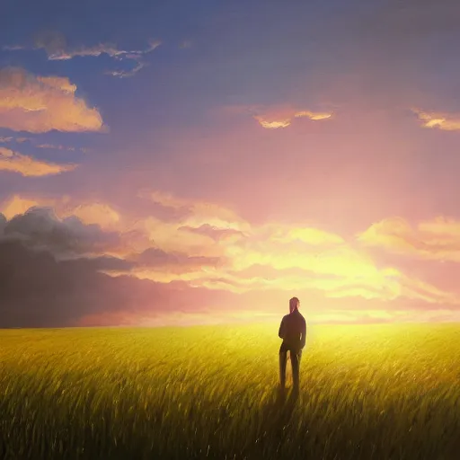 Image similar to a painting of a man standing in a field at sunset, a detailed matte painting by makoto shinkai, cgsociety, neo - primitivism, anamorphic lens flare, matte painting, global illumination