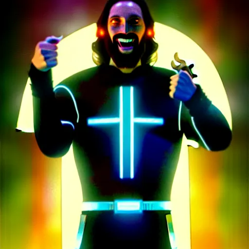 Image similar to tron legacy jesus laughing, diffuse lighting, hyper realistic, concept art, intricate, hyper detailed, smooth, sharp focus, illustration, trending on artstation, art by greg rutkowski and james gurney and alphonse mucha