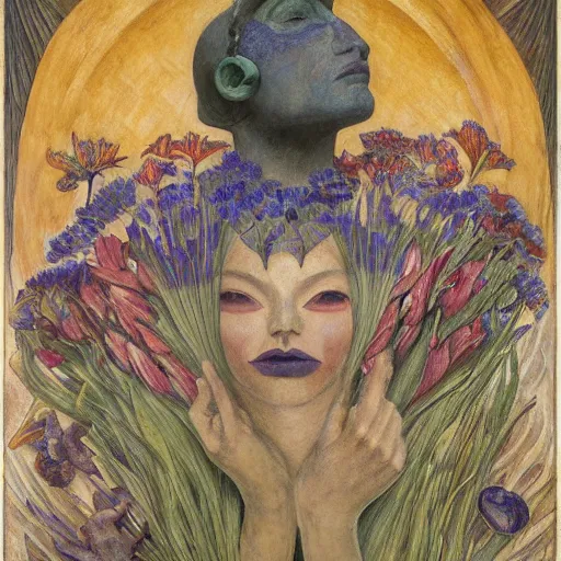 Image similar to facemask made of flowers, by annie swynnerton and jean delville and edward hopper and evelyn de morgan and rufino tamayo and diego rivera, art deco flower shaman, art brut, outsider art, symbolist, dramatic lighting, god rays, elaborate geometric ornament, clean crisp graphics, smooth sharp focus, extremely detailed, adolf wolfli