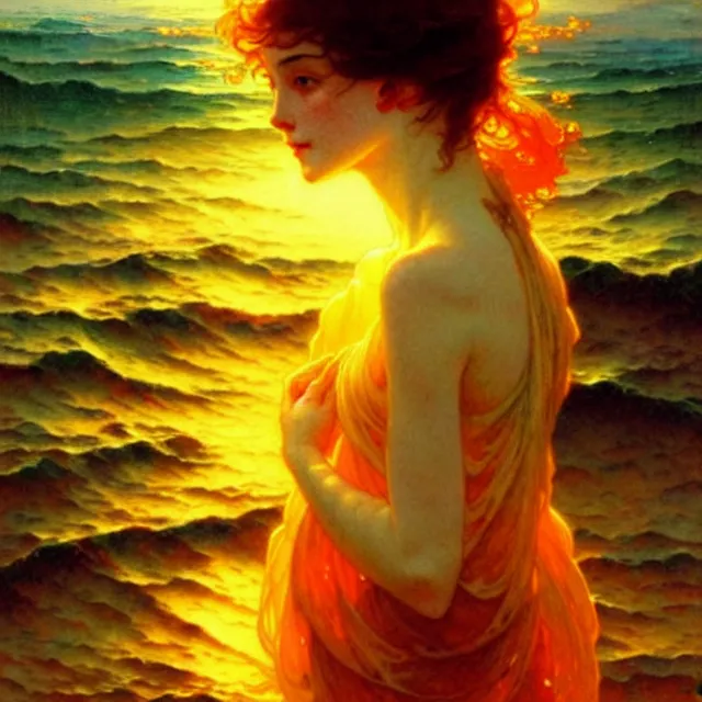 Image similar to ocean waves of glossy liquid honey drops flowing like translucent amber, lsd waves, lsd ripples, backlit, sunset, refracted lighting, art by collier, albert aublet, krenz cushart, artem demura, alphonse mucha