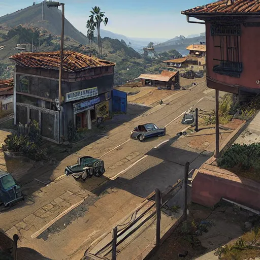 Prompt: highly detailed - on its side in gta v, in a empty town in colombia, stephen bliss, unreal engine, fantasy art by greg rutkowski, loish, rhads, ferdinand knab, makoto shinkai and lois van baarle, ilya kuvshinov, rossdraws, tom bagshaw, global illumination, detailed and intricate environment w 7 6 8