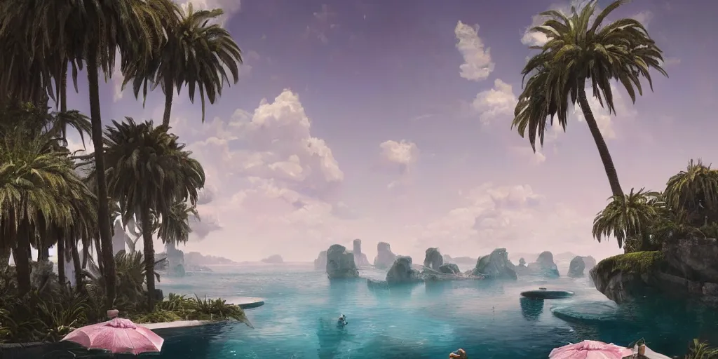 Image similar to artgem and greg rutkowski masterpiece, hyperrealistic surrealism, award winning masterpiece with incredible details, epic stunning, infinity pool, a surreal vaporwave liminal space, highly detailed, trending on ArtStation, calming, meditative, pink arches, palm trees, very vaporwave, very very surreal, sharp details, dreamscape, giant head statue ruins