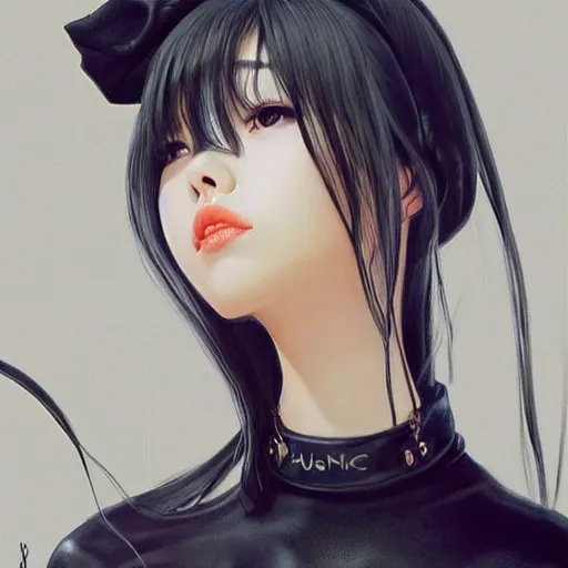 Image similar to realistic detailed semirealism beautiful gorgeous cute Blackpink Lalisa Manoban sleeping, black hair black cat ears, black leather choker, proportional body, WLOP, Aztodio, Taejune Kim, sakimichan, ArtGerm, Pixiv, Instagram, Artstation