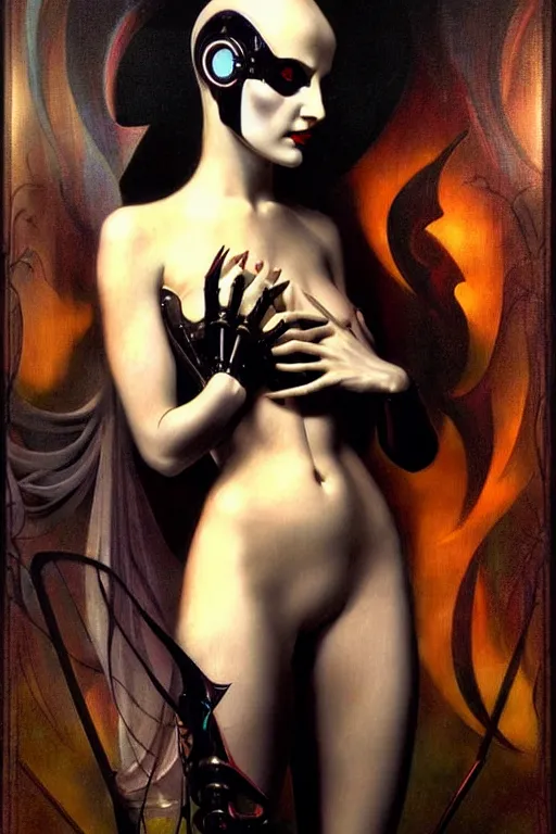 Image similar to beautiful evil cybernetic goddess by steichen in the style of a modern tom bagshaw, alphonse muca, victor horta, gaston bussiere. anatomically correct. extremely lush detail. masterpiece. melancholic scene infected by night. perfect composition and lighting. sharp focus. high contrast lush surrealistic photorealism. sultry expression.