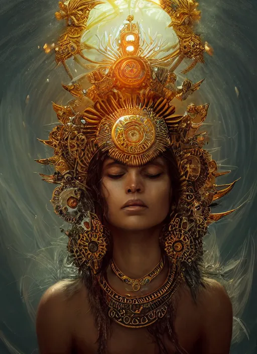 Image similar to Aztec sun goddess, fantasy, bangles, explosion, dramatic, intricate, elegant, highly detailed, digital painting, artstation, concept art, smooth, sharp focus, illustration, art by Hieronomous Bosch, octane render, art by Leesha Hannigan, Ross Tran, Thierry Doizon, Kai Carpenter, Ignacio Fernández Ríos