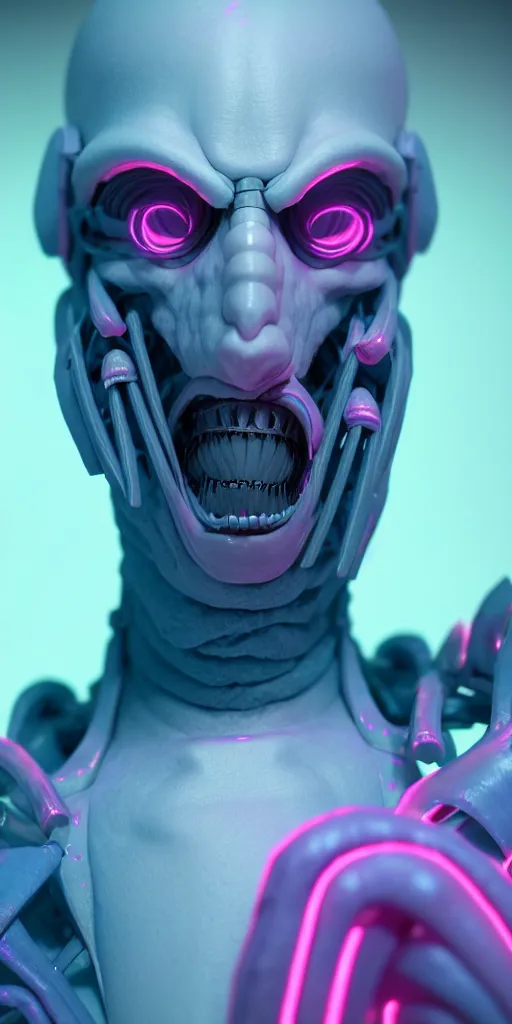 Prompt: 3d octane close-up high quality render of gothic cyborg man with white hair and pearlescent pink skin key sage wayne barlowe very soft blue neon lighting on one side wide angle 35mm shallow depth of field 8k