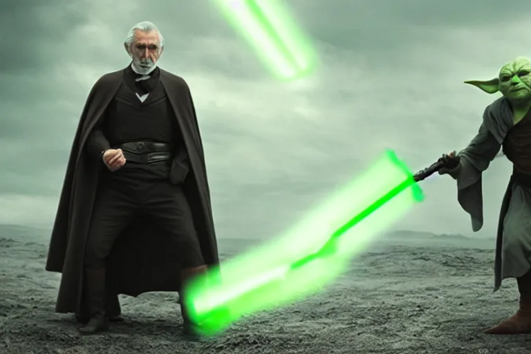 Image similar to Still of Henry Cavill as old Count Dooku, fighting yoda, cinematic light, 4K