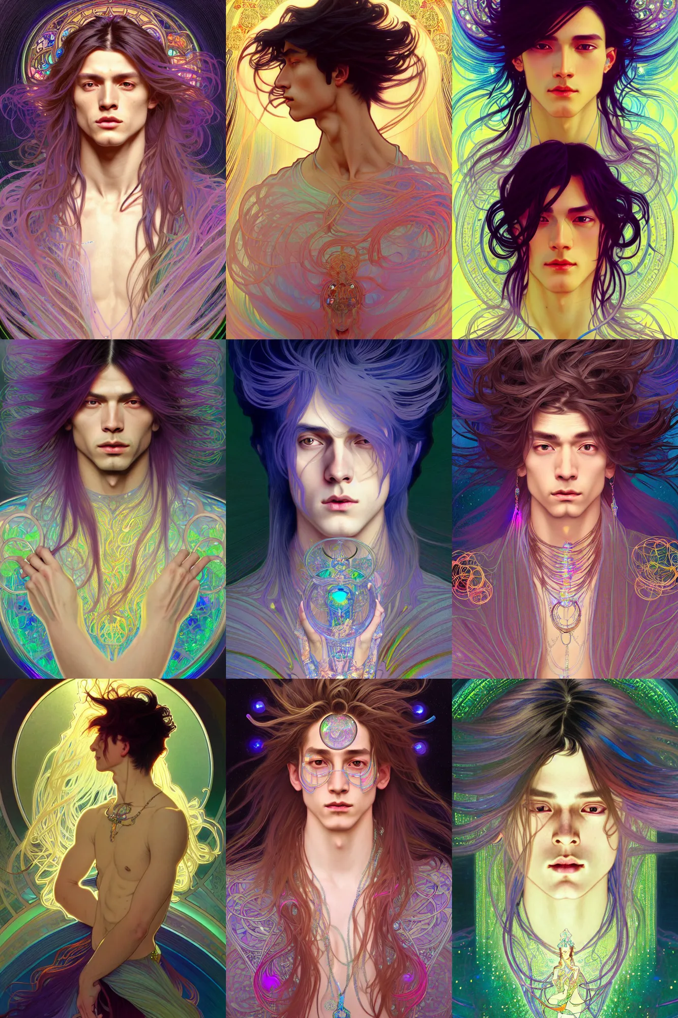 Prompt: illustration of an androgynous man with long hair, iridescent, complimentary colors, refractive crystal jewelry, hyper detailed, character concept, crouching, glowing lights, intricate, elegant, highly detailed, digital painting, artstation, concept art, smooth, sharp focus, illustration, art by alphonse mucha and fenghua zhong.