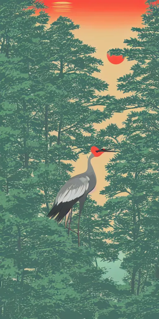 Prompt: a portrait of japanese crane waiting on a lake next to a forest of japanese pines, a big red sun in the background, logo design, fresh modern style, thick vector line art, made with photoshop, stunning