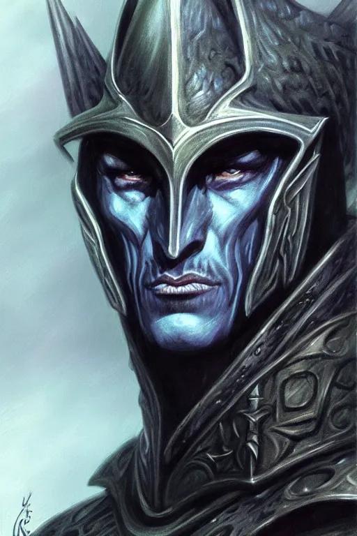 Image similar to head and shoulders portrait of an eldrich knight, drow, dark elf, shadar kai, armored, magical, male, high fantasy, d & d, by boris vallejo, face details, extremely detailed, digital illustration