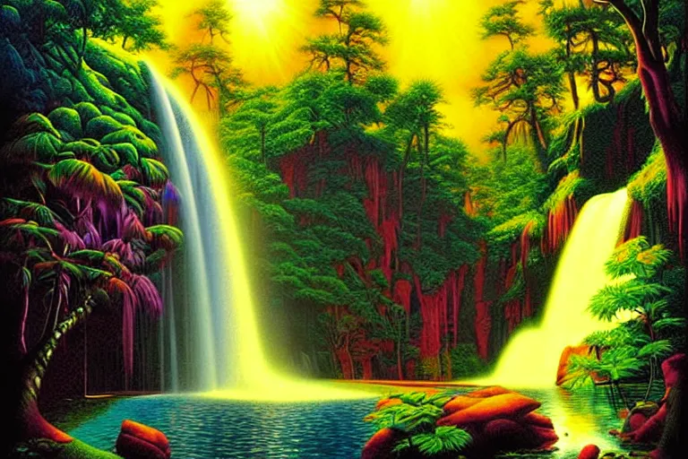Prompt: surreal glimpse into other universe, waterfall, summer morning, very coherent and colorful high contrast, art by greg hildebrandt, dark shadows, hard lighting