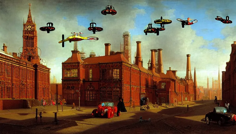 Image similar to Victorian England soviet city with flying cars and cyberpunk, made by Hubert van Eyck, Georges de La Tour, Élisabeth Vigée Le Brun, Jacques-Louis David