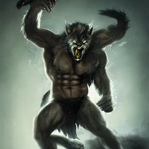 Image similar to fuzzy furry ears werewolf lycanthrope grinning razorpunk vile reprobate jason statham ripped physique portrait Wolfman Wolfman Fenrir with tombow jonas de ro greg rutkowski frank frazetta alexandre briclot Dave Dorman splatterpaint