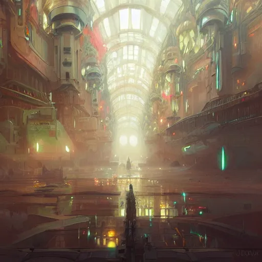 Image similar to city built underground, lots of lights, science fiction, colorful, elegant, pale, highly detailed, digital painting, artstation, concept art, smooth, sharp focus, illustration, art by artgerm and greg rutkowski and alphonse mucha