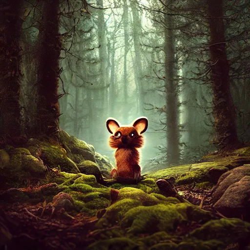 Image similar to a cute furry creature with long ears standing in a forest, michael kutsche, cinematic lighting