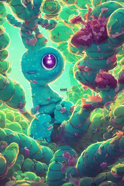 Image similar to roots cactus sushi cristal smurf ghost creature animal sushi cristal very big eye roots cactus elemental flush of force nature micro world fluo fishscale, behance hd by jesper ejsing, by rhads, makoto shinkai and lois van baarle, ilya kuvshinov, rossdraws radiating a glowing aura global illumination ray tracing hdr