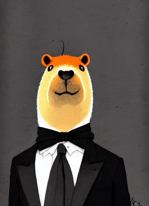 Prompt: highly detailed closeup portrait of an anthropomorphic capybara!, black formal suit by atey ghailan, by greg rutkowski, by greg tocchini, by james gilleard, by joe fenton, by kaethe butcher, gradient orange, black and white color scheme, grunge aesthetic!!! ( ( graffiti tag wall background ) )