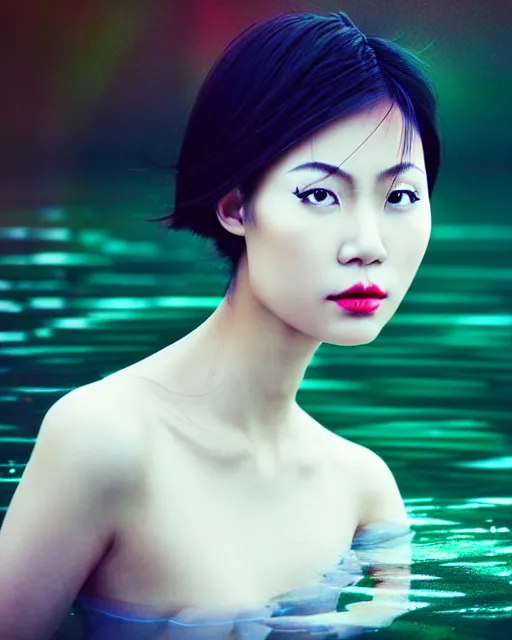 Image similar to wide angle closeup shot, flash long exposure photography of asian woman fashion posing in the lake, russian modern photoshoot, digital illustration by ruan jia, sharp focus, high details