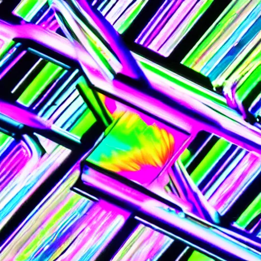 Prompt: a hypercube made of high - contrast dark polished metal brushstrokes of neon light - trails and dichroic paintings