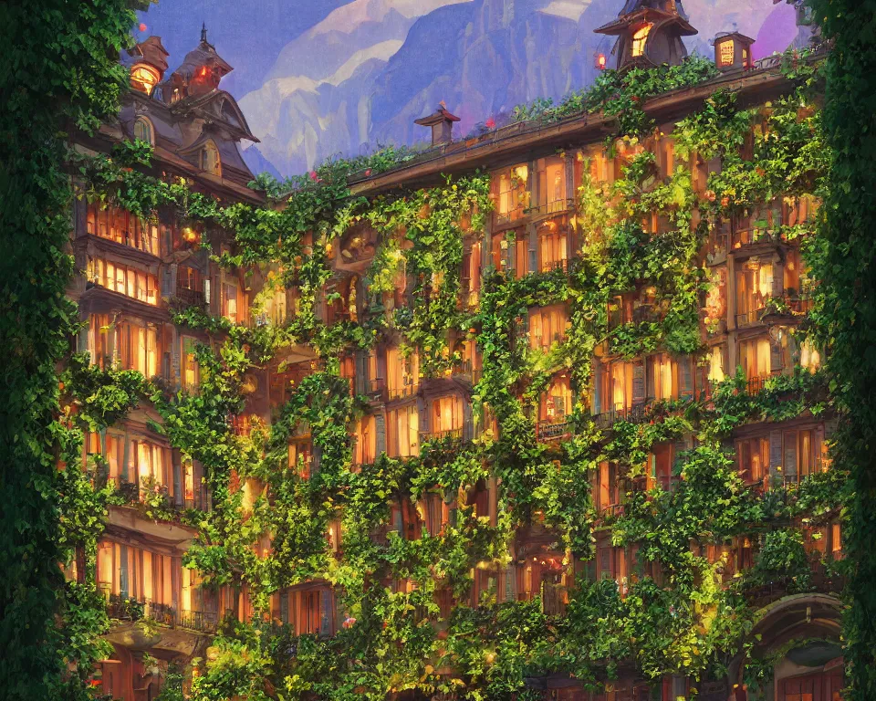 Prompt: an achingly beautiful print of a vibrant alpine four seasons hotel, lit by glowing wrought-iron lanterns and overgrown with ivy, in Interlaken by Raphael, Hopper, and Rene Magritte. detailed, romantic, enchanting, trending on artstation.