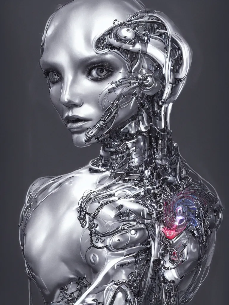 Prompt: a gorgeous concept art drawing of a female cybernetic woman with exposed biological eyes and heart, and wiring underneath her mannequin body. mid shot drawing, soft lighting, realistic, smooth face, 8 k high definition, insanely detailed, intricate, elegant, trending on artstation. influenced by chris fodd and chris moore and vincent di fate.