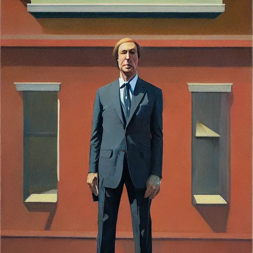 Prompt: Portrait of a Saul goodman wearing a business, very coherent, painted by Edward Hopper, Wayne Barlowe, painted by James Gilleard, airbrush, art by JamesJean