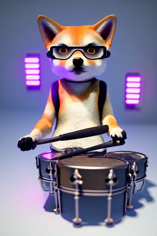 Image similar to high quality 3 d render very cute cyborg! shiba inu plays drums, cyberpunk highly detailed, unreal engine cinematic smooth, in the style of blade runner & pixar, hannah yata charlie immer, moody light, low angle, uhd 8 k, sharp focus