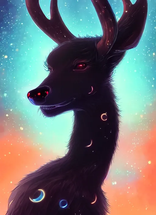 Image similar to award winning beautiful portrait commission of a male furry anthro Black Reindeer fursona with a tail, wings and a cute beautiful attractive detailed furry face wearing stylish black and orange galaxy clothes in a outerspace city at night while it rains. Character design by charlie bowater, ross tran, artgerm, and makoto shinkai, detailed, inked, western comic book art