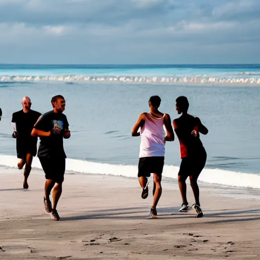 Prompt: people running on the beach in the morning