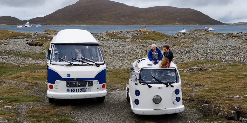 Prompt: tourist astronaut standing in the Isle of Harris, Scotland, a campervan in the background, 35 mm lens, photorealistic