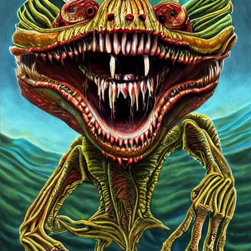 Image similar to a hyper - detailed painting of a deformed alien with various eyes, legs and arms, with skin with scales and strange textures, his mouth is open and they are screaming, from his mouth come out various chaotic monsters seeking revenge on evil humans and enslaving aliens