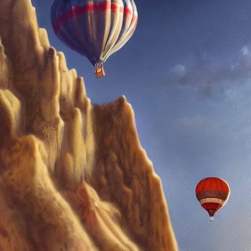Prompt: a dog flying in a balloon in cappadocia by greg rutkowski and thomas kinkade, trending on artstation, 3 d art station