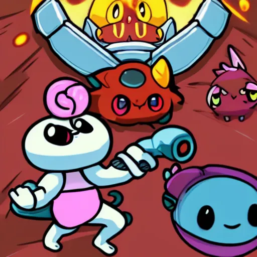Image similar to jigglypuff in hell fighting demon hordes with a machine gun