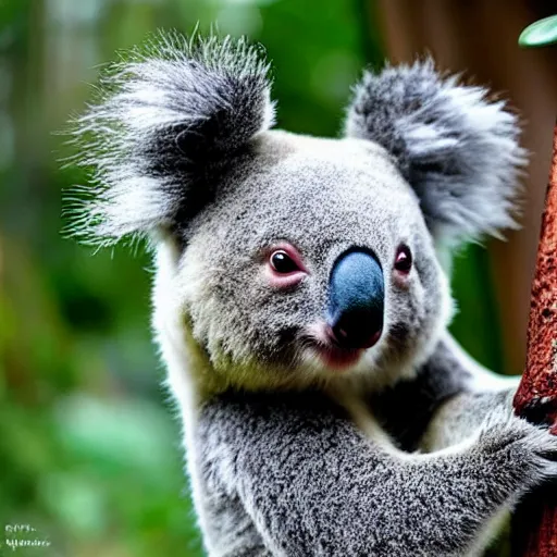 Prompt: a koala with fur colored like a panda