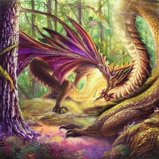 Prompt: Dragon sleeping in a Ethereal fairy forest Oil painting, highly detailed, elaborate