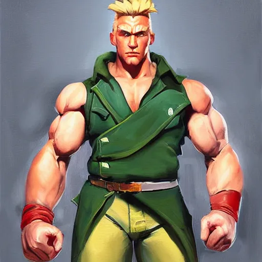 Prompt: greg manchess portrait painting of guile from street fighter as overwatch character, medium shot, asymmetrical, profile picture, organic painting, sunny day, matte painting, bold shapes, hard edges, street art, trending on artstation, by huang guangjian and gil elvgren and ross tran